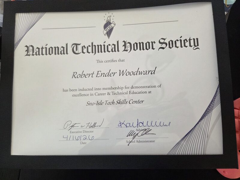 National Technical Honor Society certificate awarded to Robert Ender Woodward